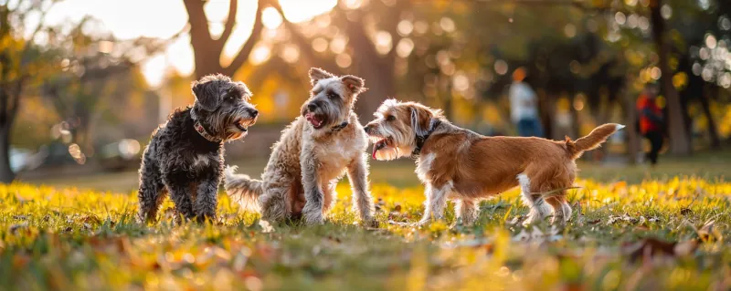 Three dogs playing at an Austin dog park.